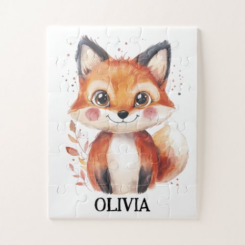 Watercolor Fox Fall Animal Leaves Custom Name Kids Jigsaw Puzzle