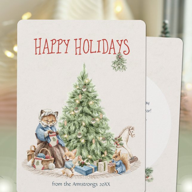 Watercolor Fox Family Knitting Nostalgic Holiday Card (Nostalgic Woodland Animals Christmas Holiday Card ©Susanne Sachers - Sunny Mind 🌞)