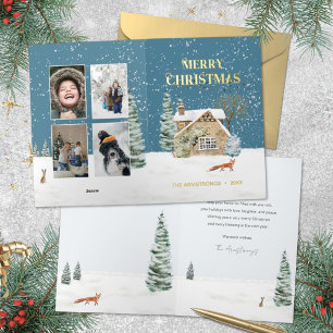 Watercolor Fox Farmhouse 4 Photo Christmas Foil Holiday Card