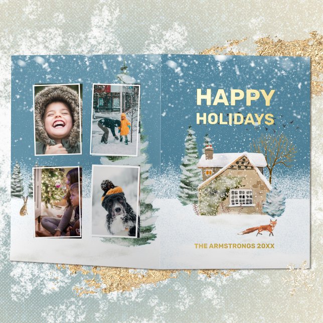 Watercolor Fox Farmhouse Winter Hare Foil Holiday Card (Watercolor Fox Farmhouse Christmas Foil Holiday Card ©Susanne Sachers - Sunny Mind 🌞)