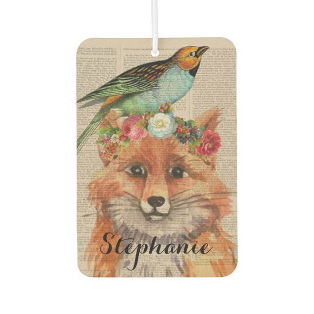 Watercolor Fox Floral Collage Personalized Name Air Freshener (Front)