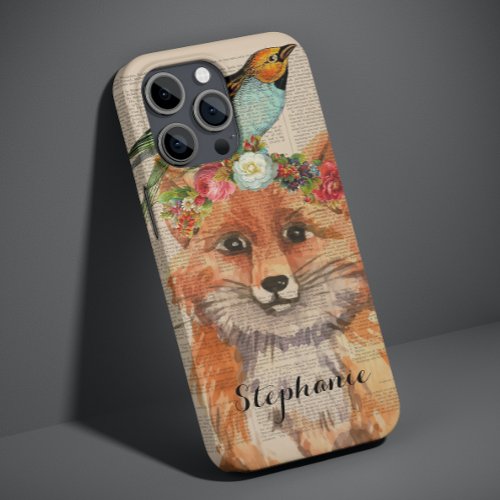 Watercolor Fox Floral Collage Personalized Name Case_Mate iPhone 14 Case