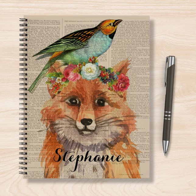 Watercolor Fox Floral Collage Personalized Name  Notebook (Creator Uploaded)