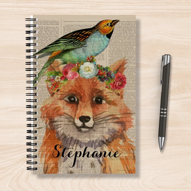 Watercolor Fox Floral Collage Personalized Name  Notebook (Creator Uploaded)