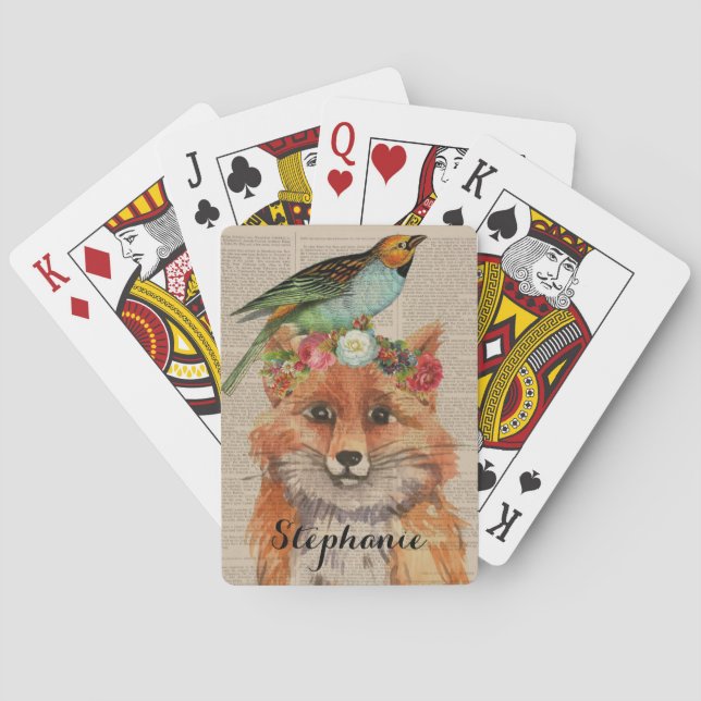 Watercolor Fox Floral Collage Personalized Name Poker Cards (Back)