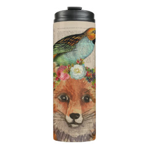 Watercolor Fox Floral Collage Personalized Name Thermal Tumbler