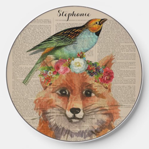 Watercolor Fox Floral Friends Personalized Name Wireless Charger