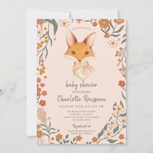 Watercolor Fox Floral Girl Baby Shower  Invitation