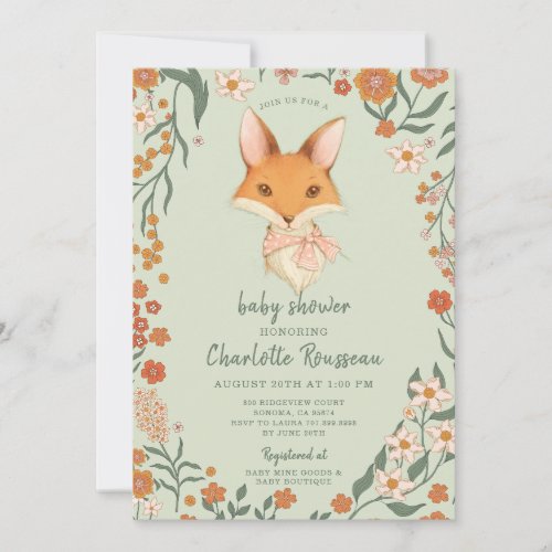 Watercolor Fox Floral Girl Baby Shower Invitation