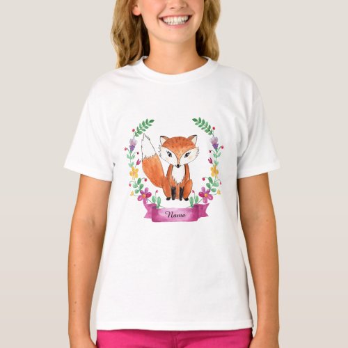 Watercolor Fox Floral Girl T_Shirt