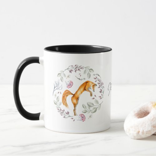 Watercolor Fox Floral Personalized Name Mug