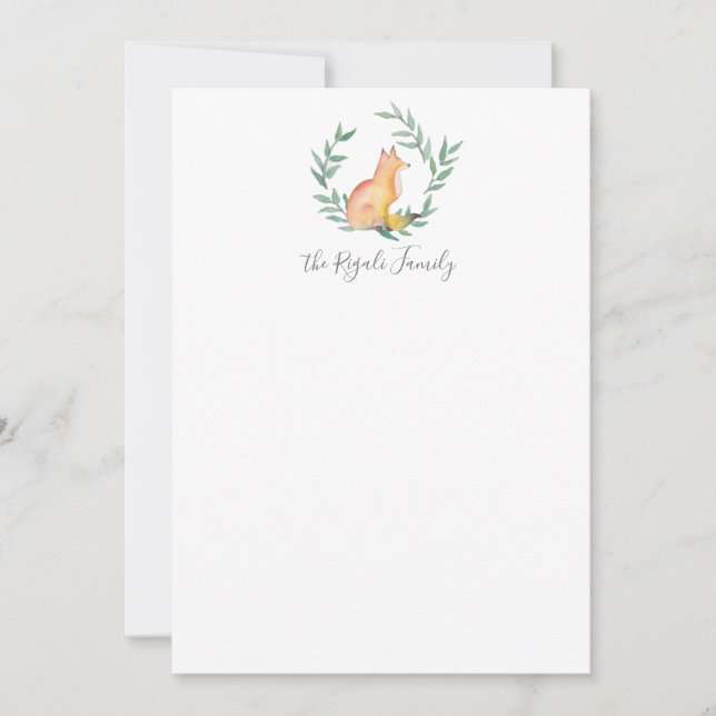 Watercolor Fox & Greenery Personalized Stationery Note Card (Front)