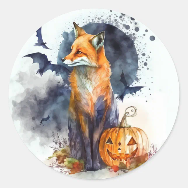 Watercolor Fox Halloween Classic Round Sticker | Zazzle