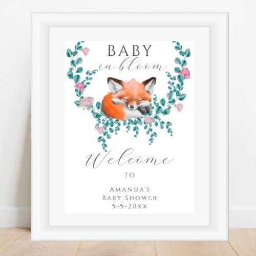 Watercolor fox in bloom welcome baby shower poster