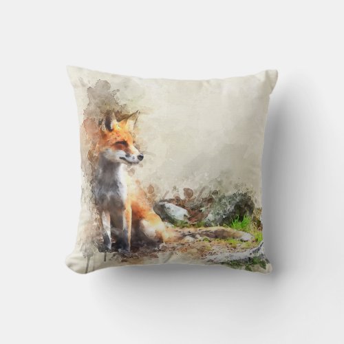 Watercolor Fox in Forest  Throw Pillow