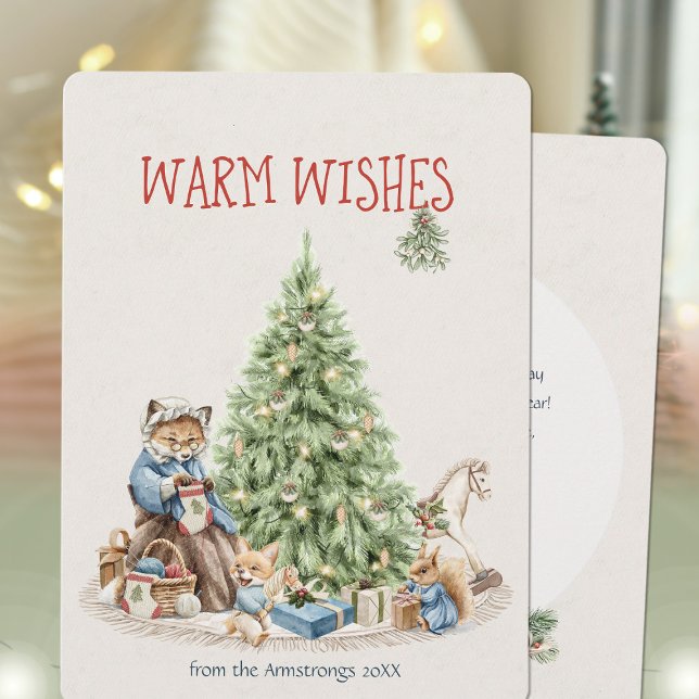 Watercolor Fox Knitting Storybook Warm Wishes Holiday Card (Nostalgic Christmas Animals Watercolor Holiday Card ©Susanne Sachers - Sunny Mind 🌞)