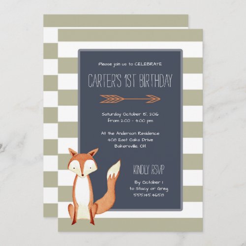 Watercolor Fox Navy Orange Stripes Birthday Invitation
