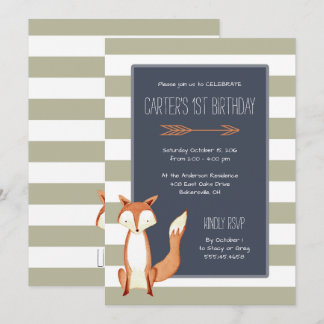Watercolor Fox Navy Orange Stripes Birthday Invitation