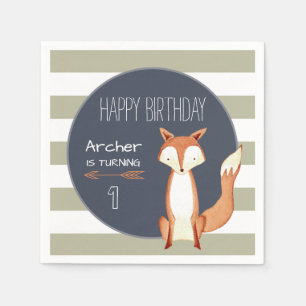Watercolor Fox Navy Orange Woodland Birthday Napkins