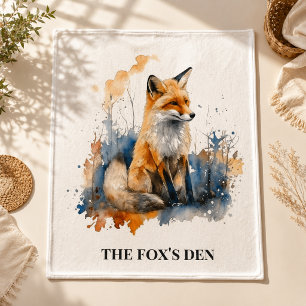 Watercolor Fox Northwoods Cabin Personalized Den Fleece Blanket