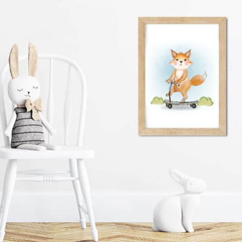 Watercolor Fox on Kick Scooter Funny Nursery Poster