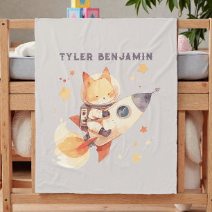 Watercolor Fox on Space Rocket Fleece Blanket