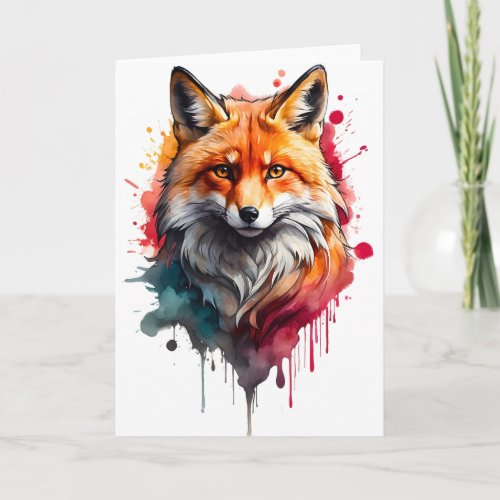 Watercolor Fox Splatter Art Portrait Splash Blank Card
