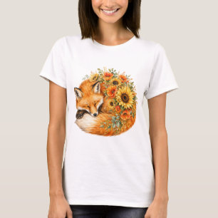 Watercolor Fox Sunflower PNG Autumn Poppies Design T-Shirt