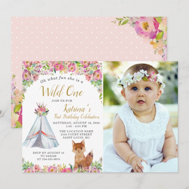 Watercolor Fox Tribal Boho Floral Birthday Photo Invitation (Front/Back)