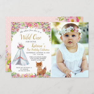 Watercolor Fox Tribal Boho Floral Birthday Photo Invitation