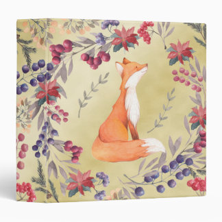 Watercolor Fox Winter Berries Gold 3 Ring Binder