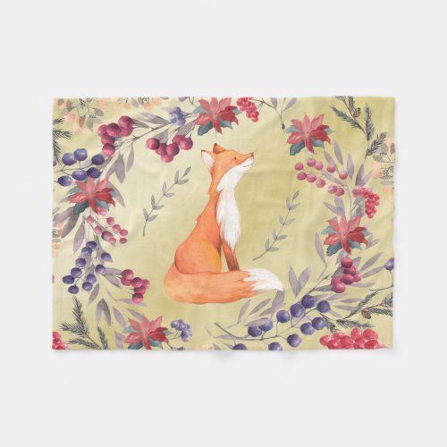 Watercolor Fox Winter Berries Gold Fleece Blanket