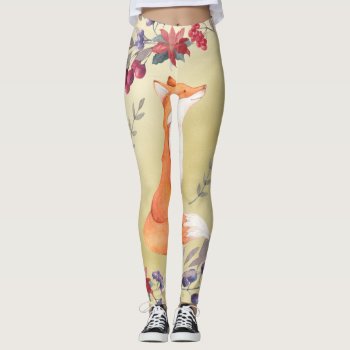 Watercolor Fox Winter Berries Gold Leggings by GiftsGaloreStore at Zazzle