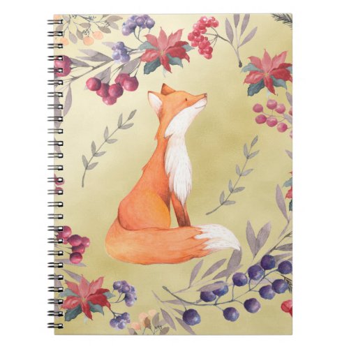 Watercolor Fox Winter Berries Gold Notebook