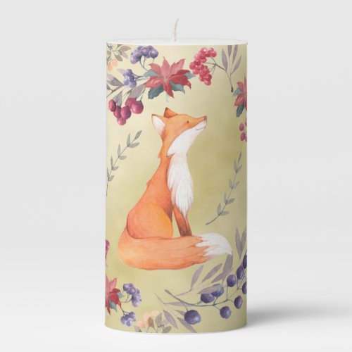 Watercolor Fox Winter Berries Gold Pillar Candle