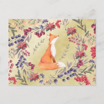Watercolor Fox Winter Berries Gold Postcard by GiftsGaloreStore at Zazzle