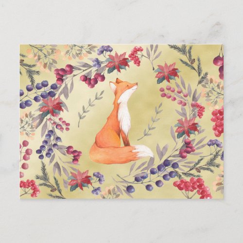 Watercolor Fox Winter Berries Gold Postcard