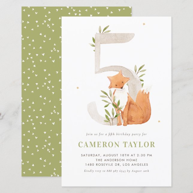 Watercolor Fox Woodland Fifth Birthday Invitation (Front/Back)