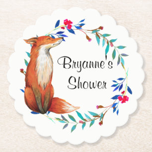 Watercolor Fox & Wreath Bridal Shower Paper Coaster