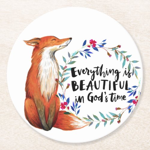 Watercolor Fox Wreath Gods Time Quote Round Paper Coaster