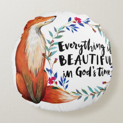 Watercolor Fox Wreath Gods Time Quote Round Pillow