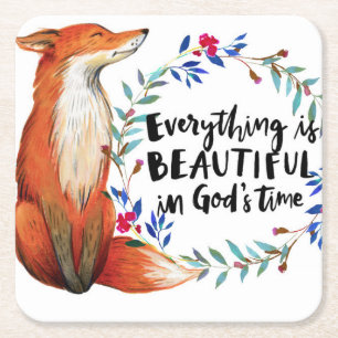 Watercolor Fox Wreath Gods Time Quote Square Paper Coaster