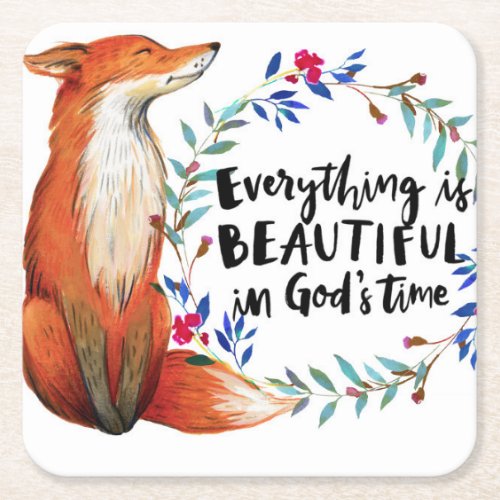 Watercolor Fox Wreath Gods Time Quote Square Paper Coaster