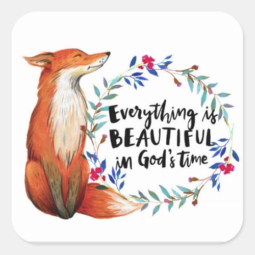 Watercolor Fox Wreath Gods Time Square Sticker