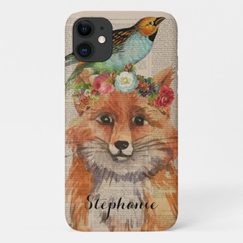 Watercolor Foxy Floral Friends Personalized Name iPhone 11 Case