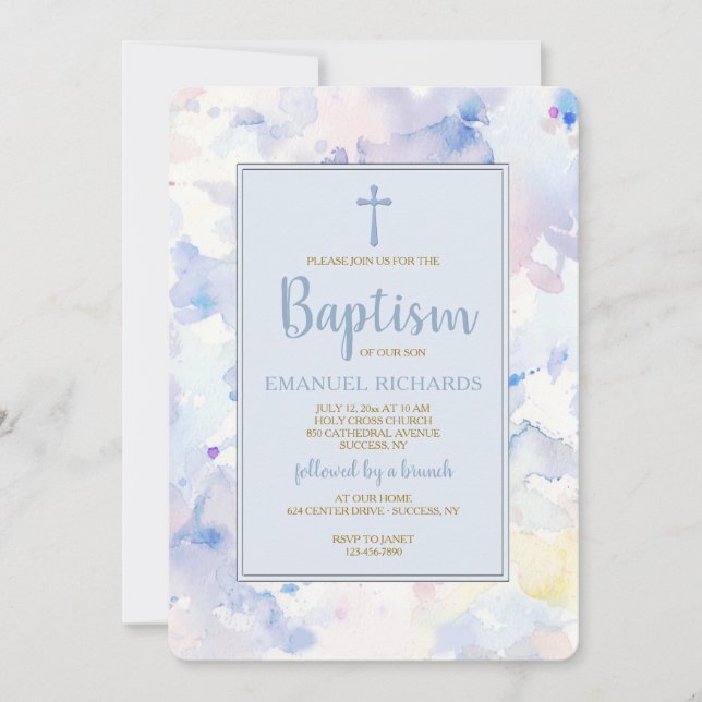 Watercolor Frame Blue Religious Invitation (Front)