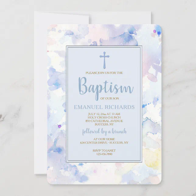 Watercolor Frame Blue Religious Invitation | Zazzle