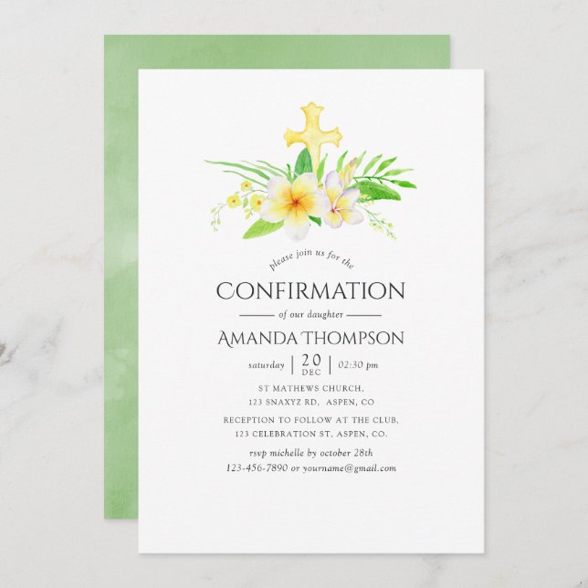 Watercolor Frangipani Confirmation Invitation (Front/Back)
