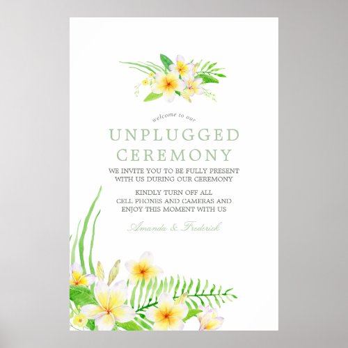 Watercolor Frangipani Wedding Unplugged Ceremony Poster
