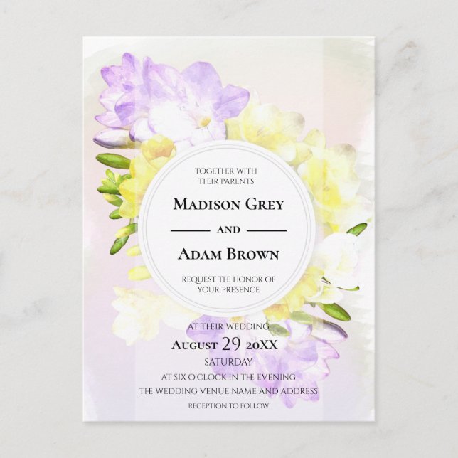Watercolor Freesia Flowers Wedding Invitation Postcard (Front)